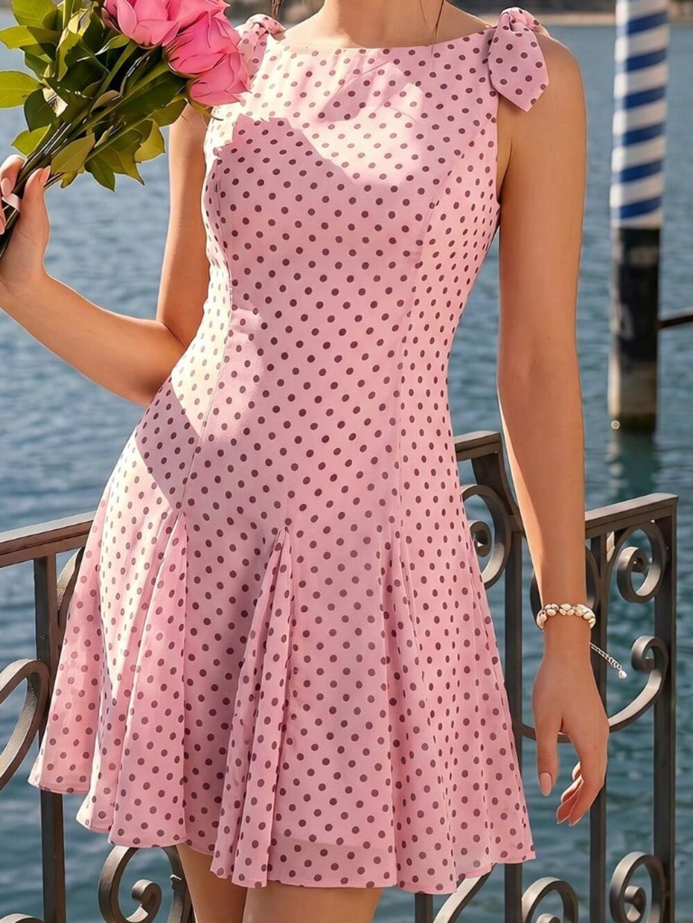 Pink French Women's Elegant Polka Dot Pleated Mini Dress - Picture 8 of 9